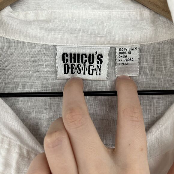 Chicos Button Top XL 3 Linen Pockets Roll Tab Long Sleeve White Beach Hike Fish - Picture 8 of 16